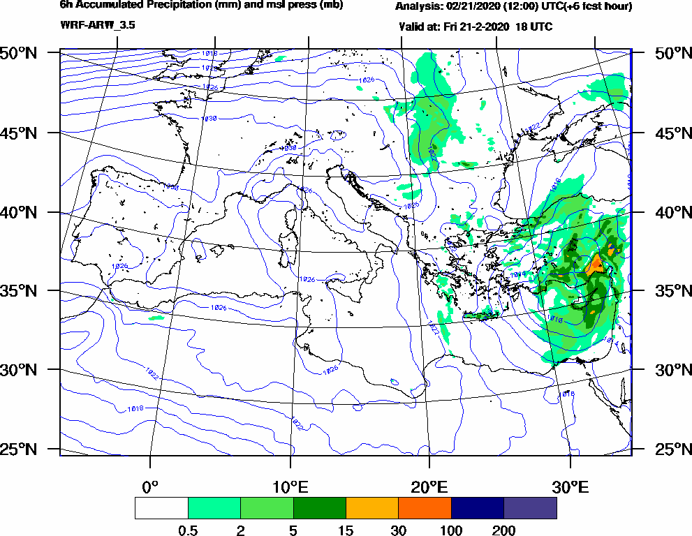 6h Accumulated Precipitation (mm) and msl press (mb) - 2020-02-21 12:00