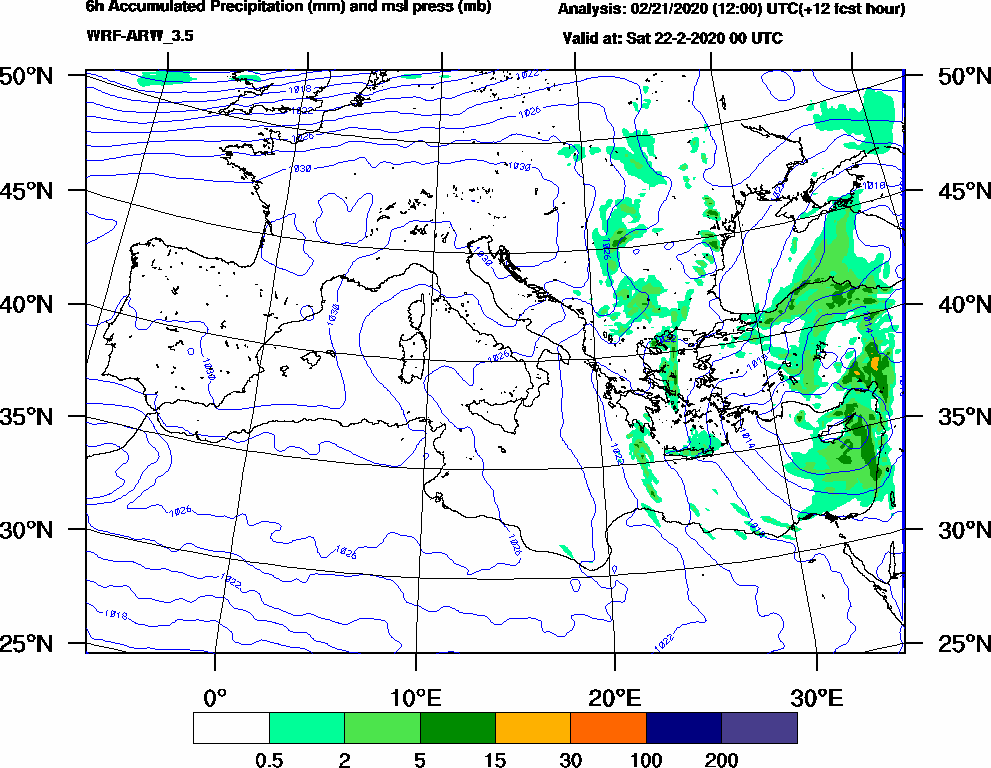 6h Accumulated Precipitation (mm) and msl press (mb) - 2020-02-21 18:00