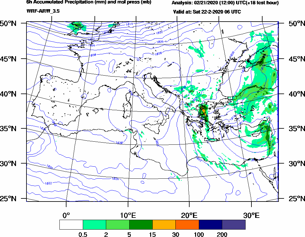 6h Accumulated Precipitation (mm) and msl press (mb) - 2020-02-22 00:00