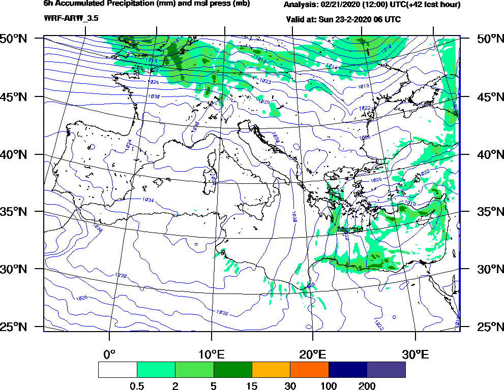 6h Accumulated Precipitation (mm) and msl press (mb) - 2020-02-23 00:00