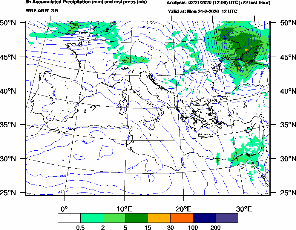6h Accumulated Precipitation (mm) and msl press (mb) - 2020-02-24 06:00