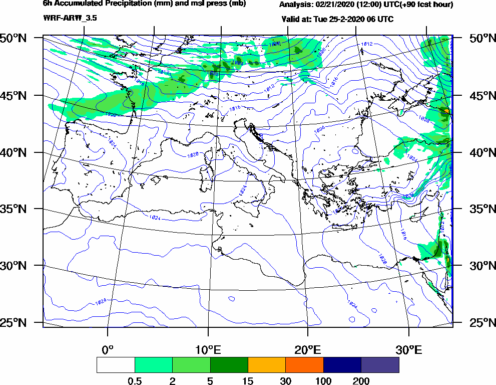 6h Accumulated Precipitation (mm) and msl press (mb) - 2020-02-25 00:00