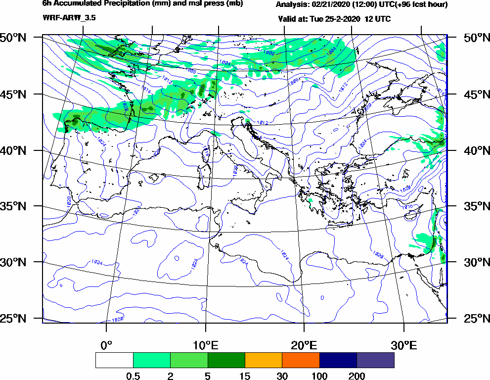 6h Accumulated Precipitation (mm) and msl press (mb) - 2020-02-25 06:00