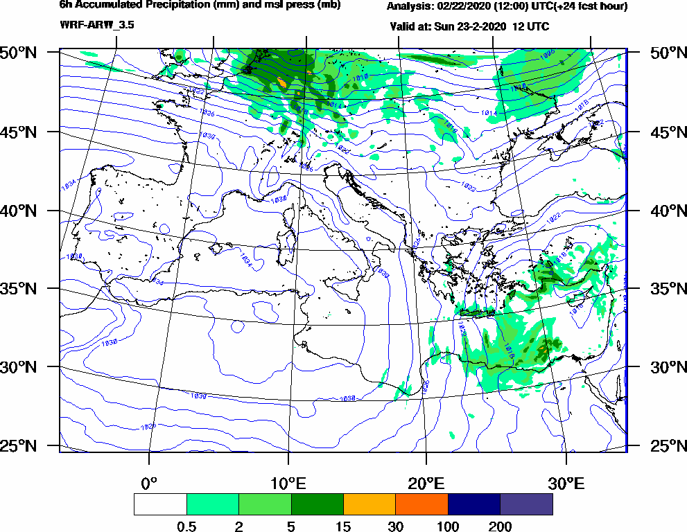 6h Accumulated Precipitation (mm) and msl press (mb) - 2020-02-23 06:00