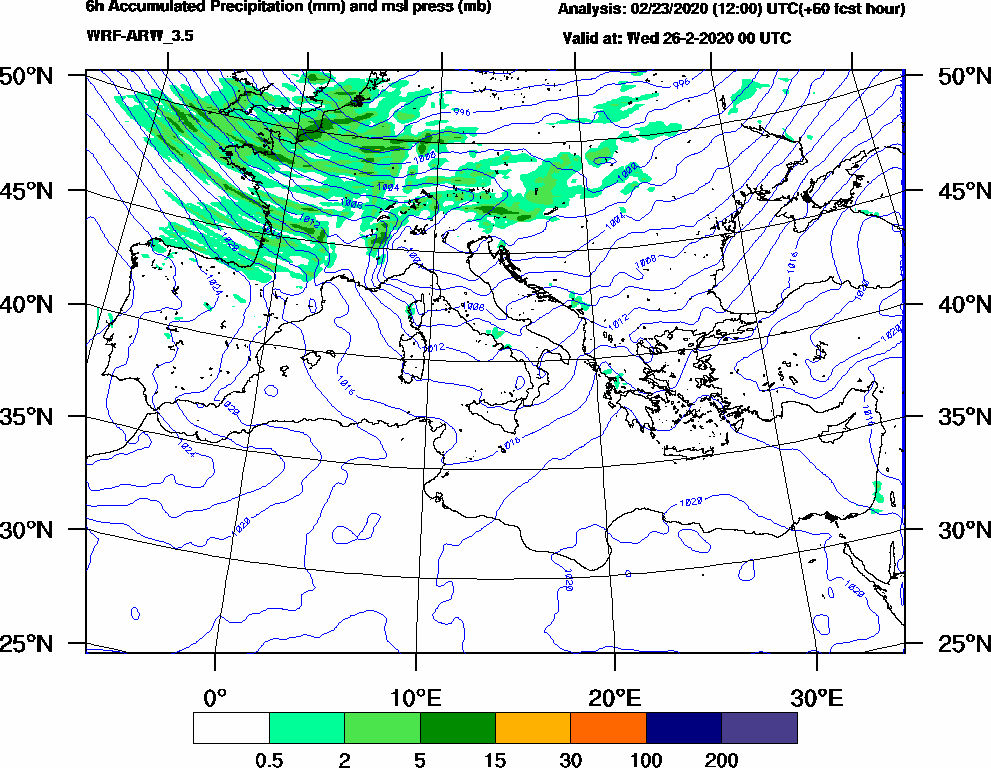6h Accumulated Precipitation (mm) and msl press (mb) - 2020-02-25 18:00