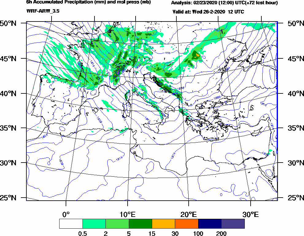 6h Accumulated Precipitation (mm) and msl press (mb) - 2020-02-26 06:00