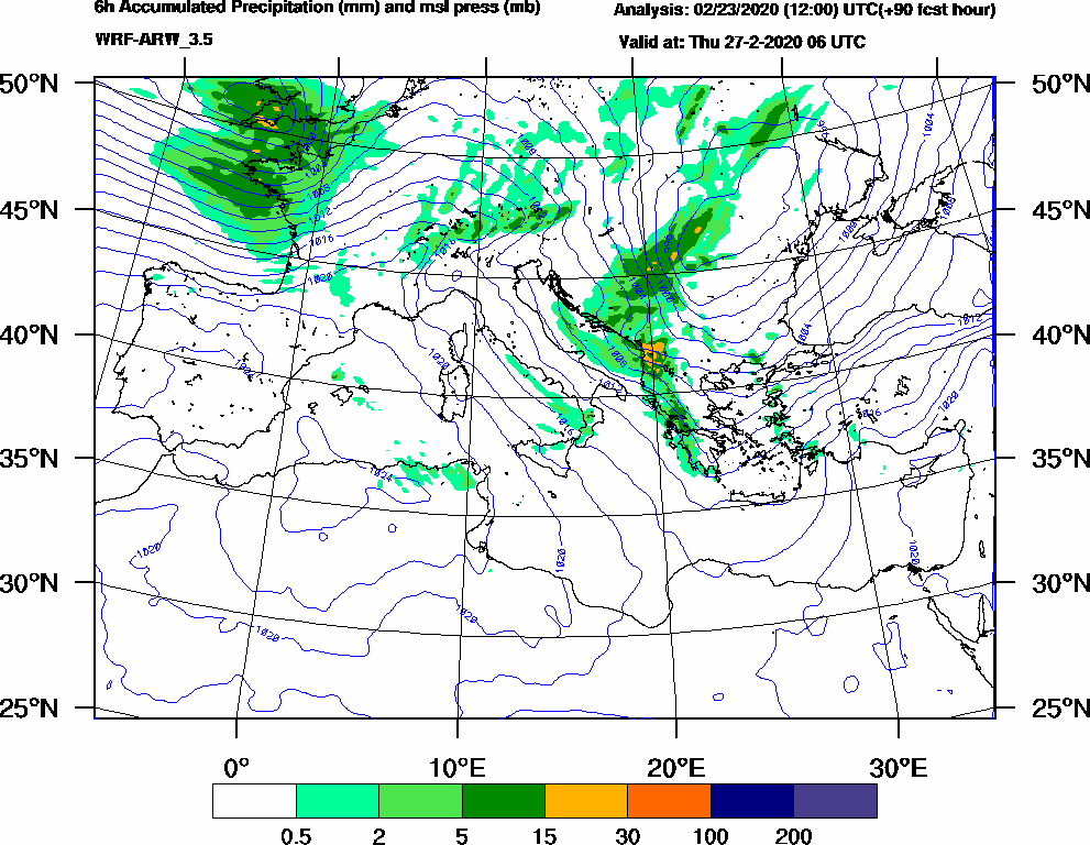 6h Accumulated Precipitation (mm) and msl press (mb) - 2020-02-27 00:00