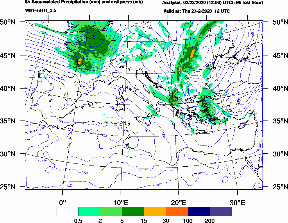 6h Accumulated Precipitation (mm) and msl press (mb) - 2020-02-27 06:00