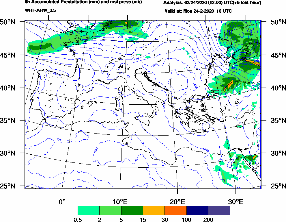 6h Accumulated Precipitation (mm) and msl press (mb) - 2020-02-24 12:00