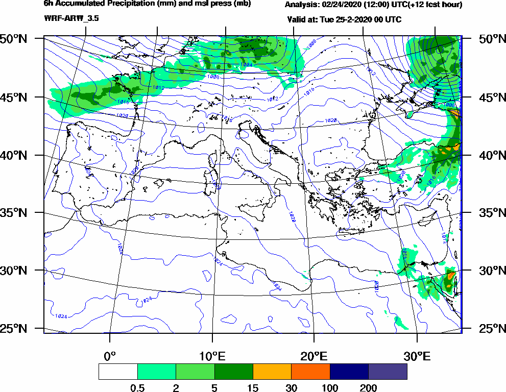 6h Accumulated Precipitation (mm) and msl press (mb) - 2020-02-24 18:00