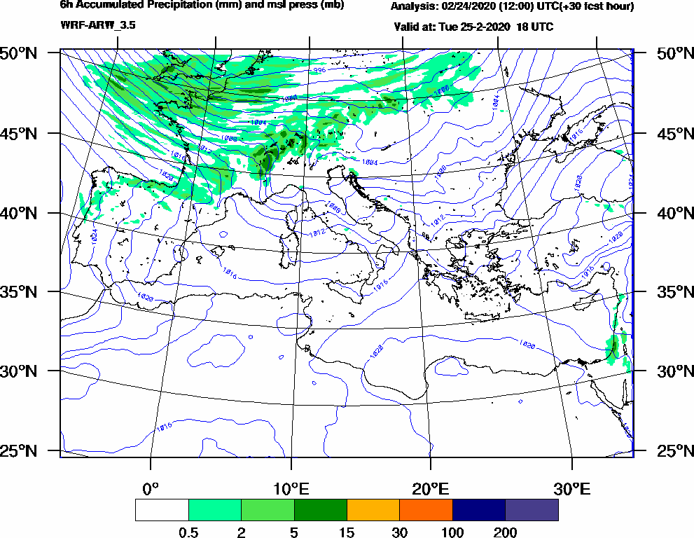 6h Accumulated Precipitation (mm) and msl press (mb) - 2020-02-25 12:00
