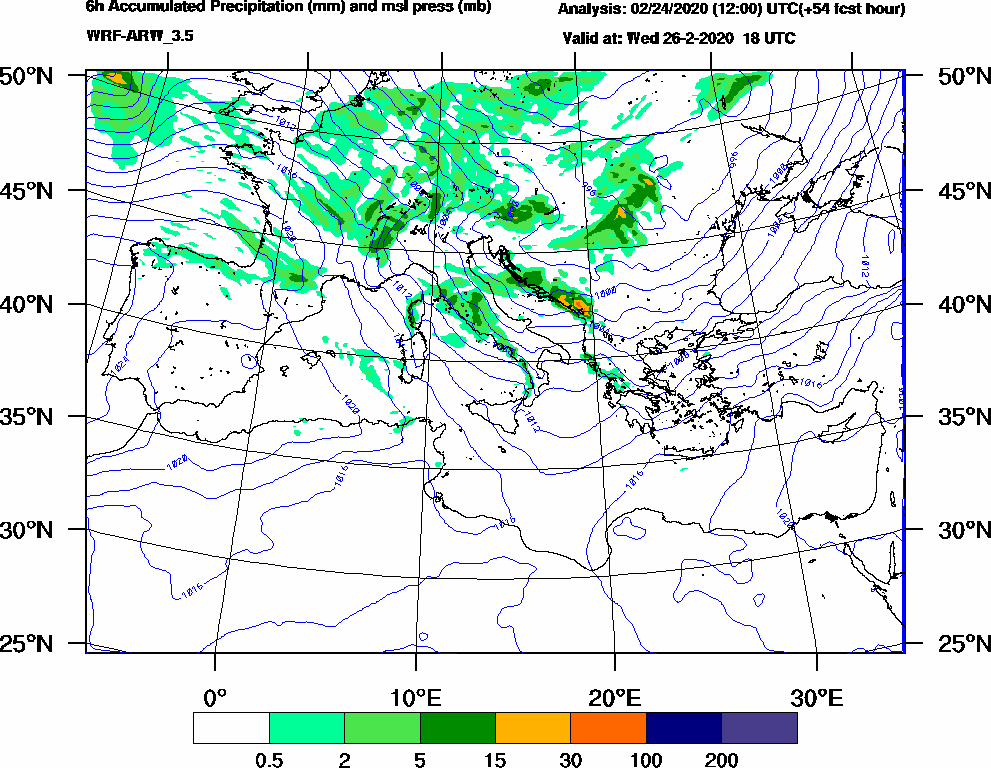 6h Accumulated Precipitation (mm) and msl press (mb) - 2020-02-26 12:00