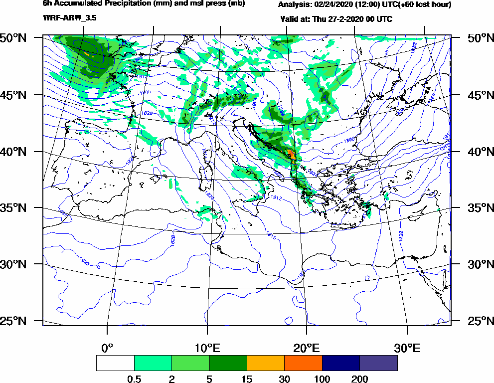 6h Accumulated Precipitation (mm) and msl press (mb) - 2020-02-26 18:00