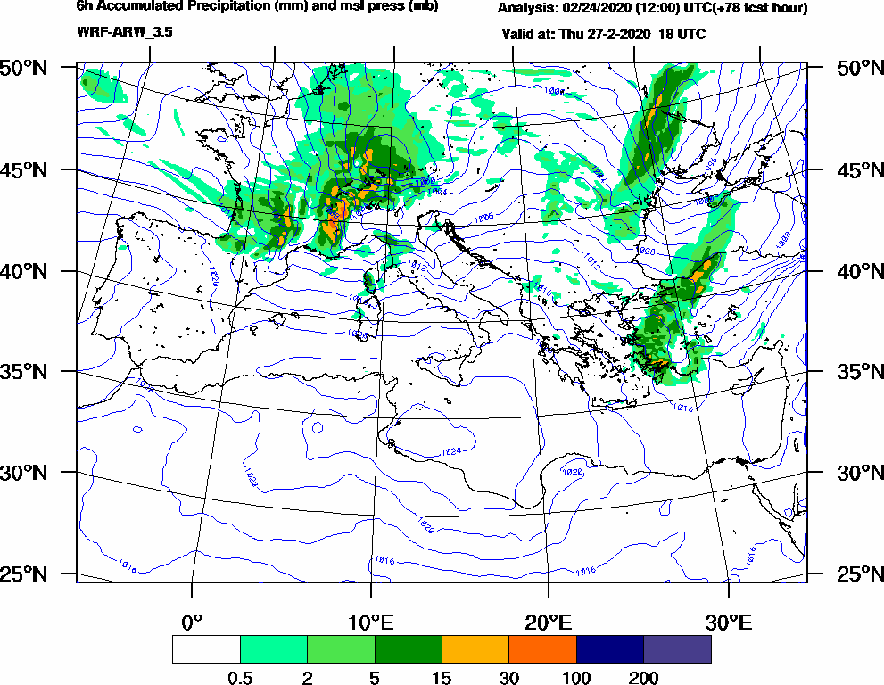 6h Accumulated Precipitation (mm) and msl press (mb) - 2020-02-27 12:00