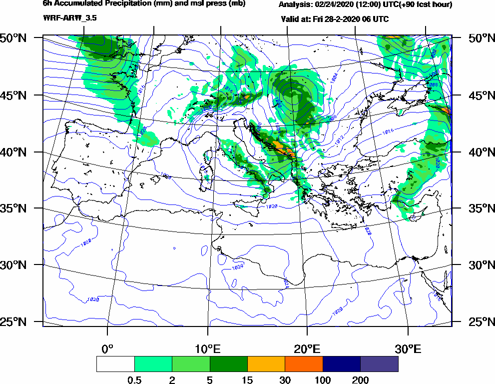 6h Accumulated Precipitation (mm) and msl press (mb) - 2020-02-28 00:00