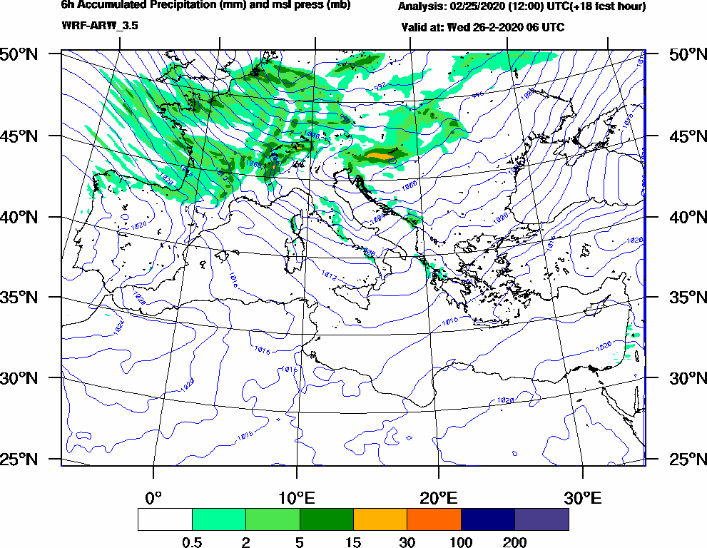 6h Accumulated Precipitation (mm) and msl press (mb) - 2020-02-26 00:00