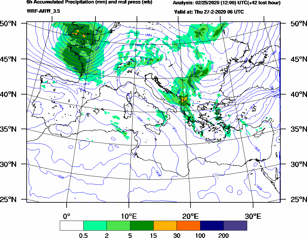 6h Accumulated Precipitation (mm) and msl press (mb) - 2020-02-27 00:00