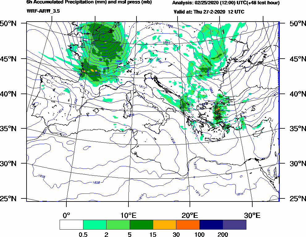 6h Accumulated Precipitation (mm) and msl press (mb) - 2020-02-27 06:00