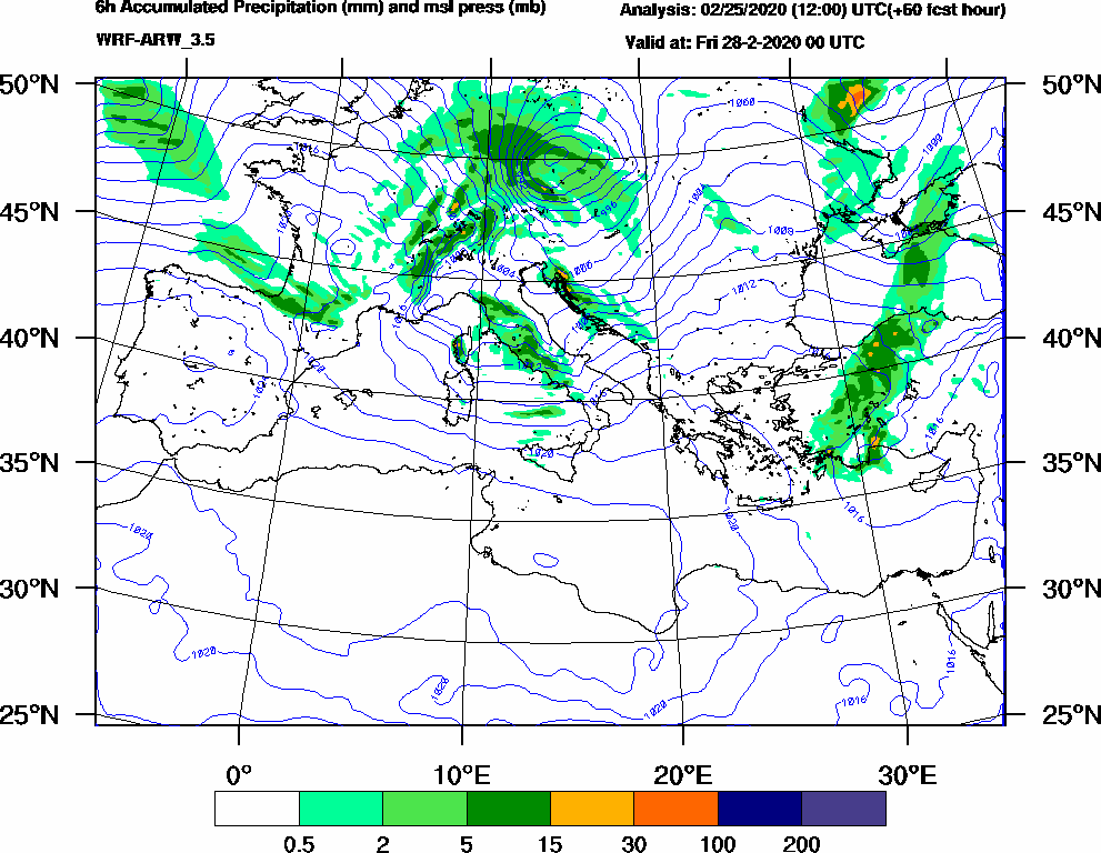 6h Accumulated Precipitation (mm) and msl press (mb) - 2020-02-27 18:00