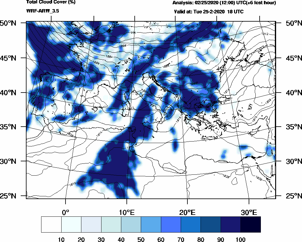 Total cloud cover (%) - 2020-02-25 12:00