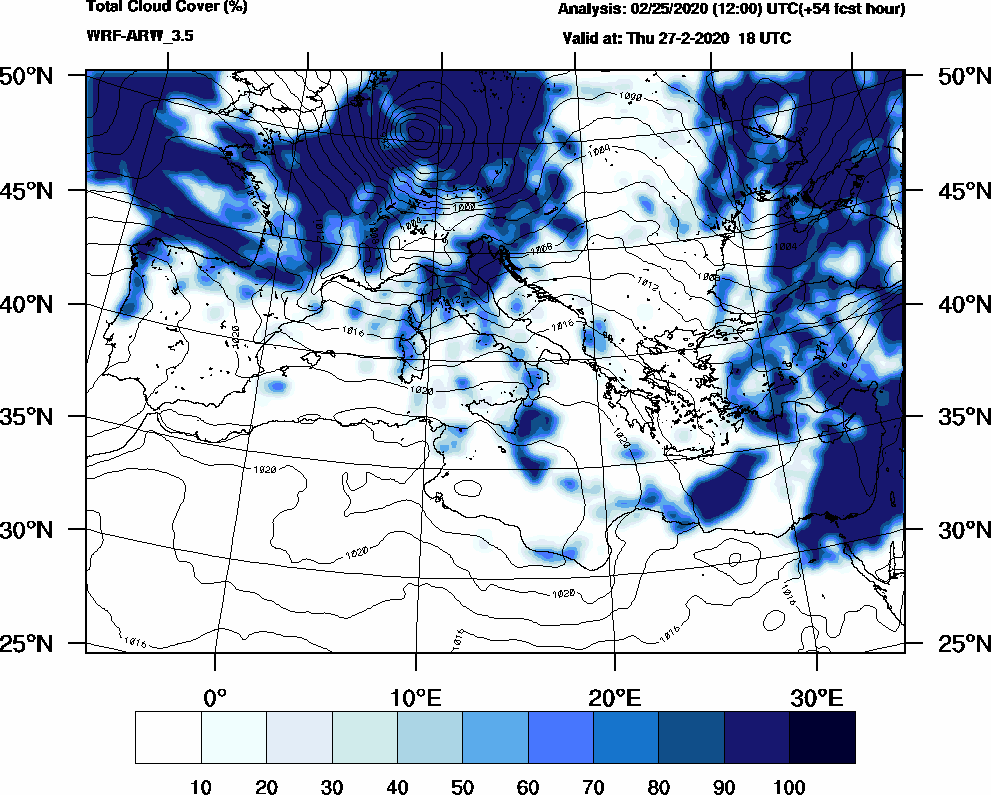 Total cloud cover (%) - 2020-02-27 12:00