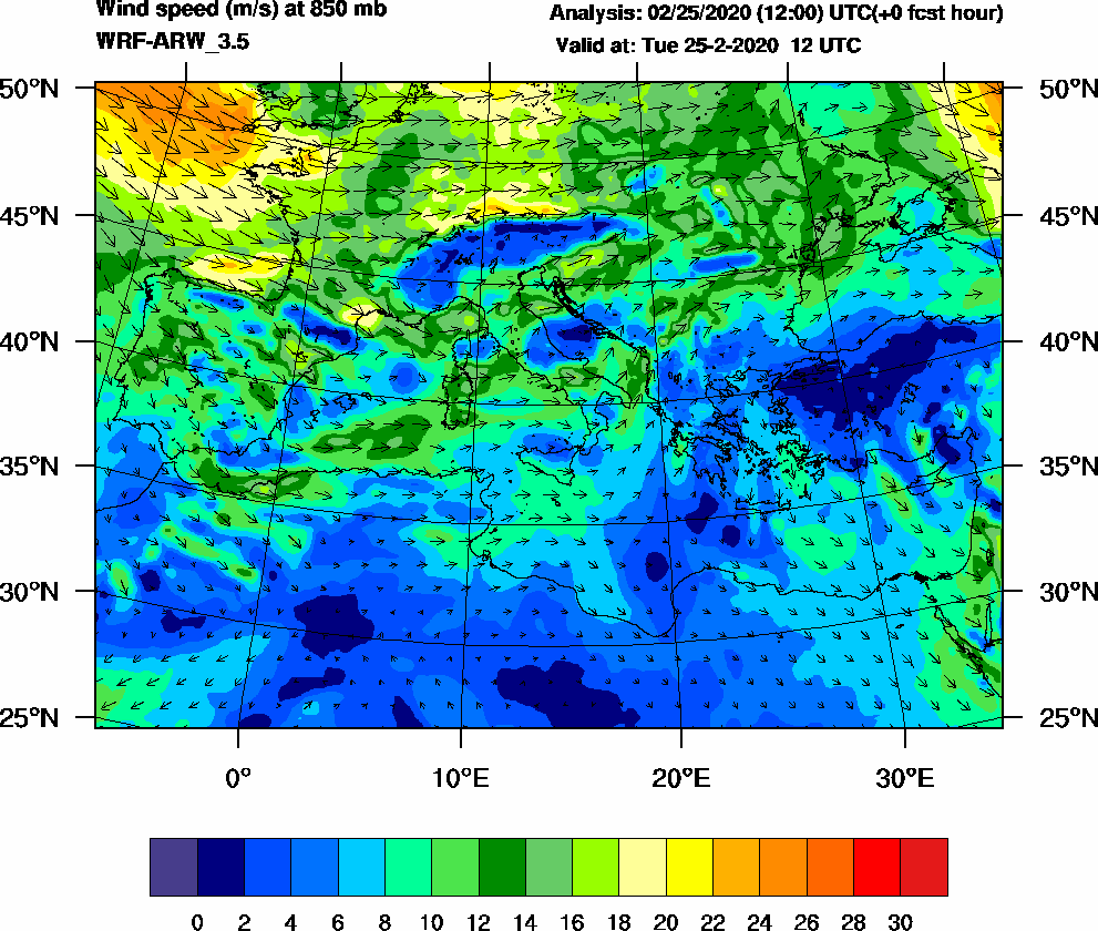 Wind speed (m/s) at 850 mb - 2020-02-25 12:00