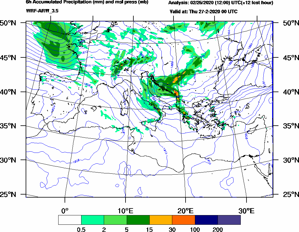 6h Accumulated Precipitation (mm) and msl press (mb) - 2020-02-26 18:00