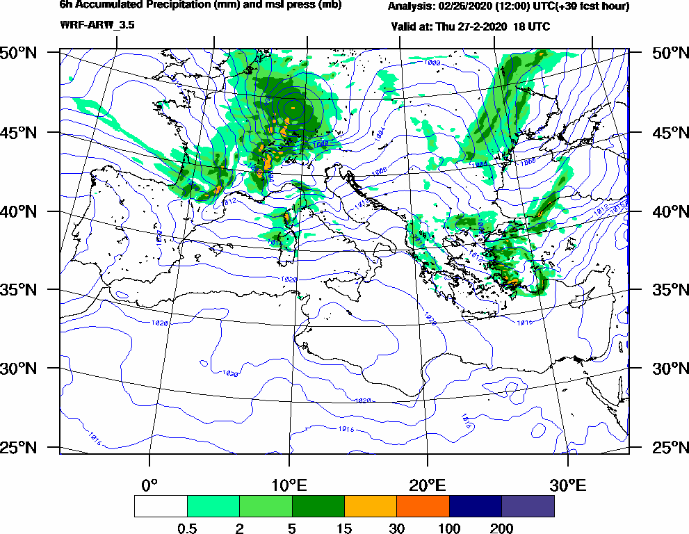 6h Accumulated Precipitation (mm) and msl press (mb) - 2020-02-27 12:00
