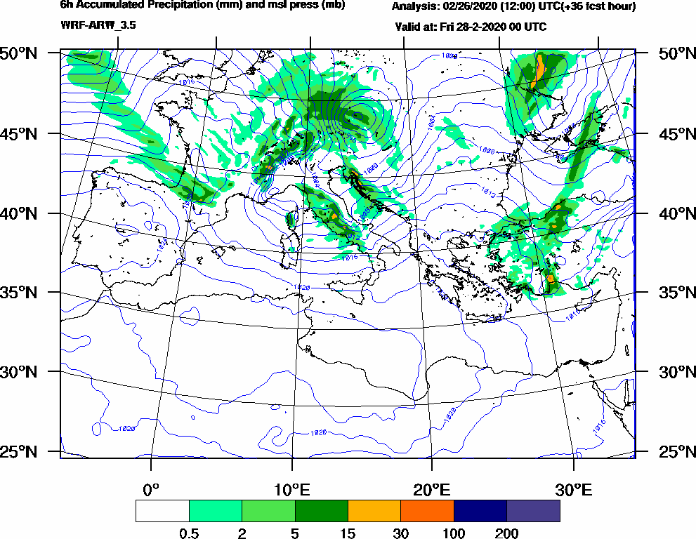 6h Accumulated Precipitation (mm) and msl press (mb) - 2020-02-27 18:00