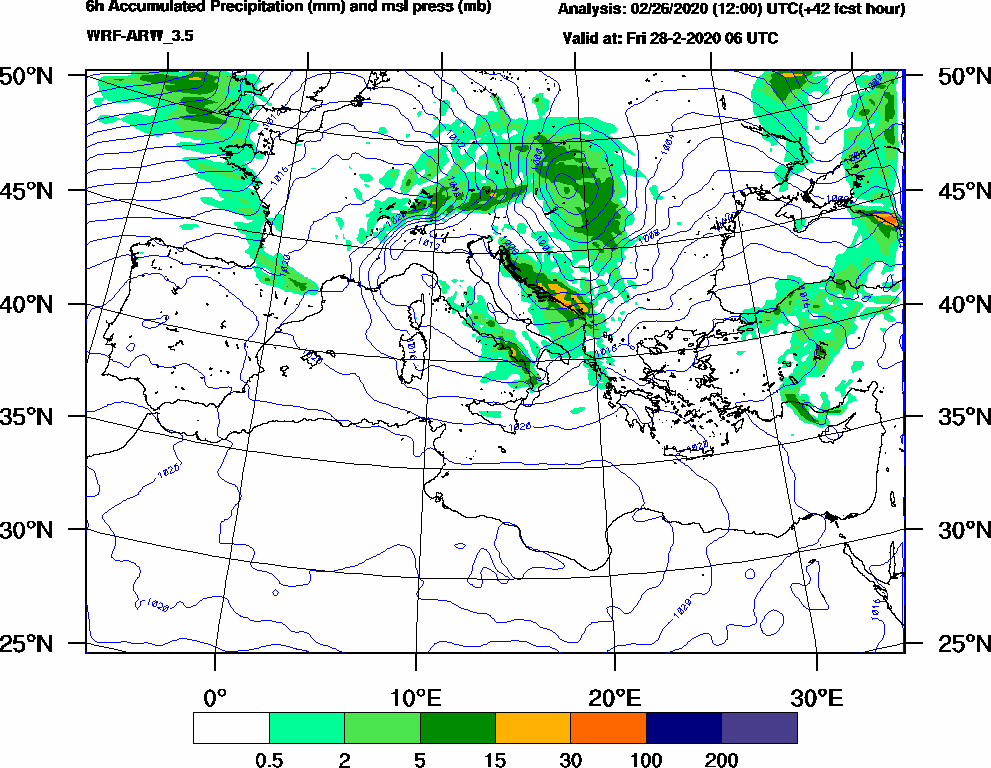 6h Accumulated Precipitation (mm) and msl press (mb) - 2020-02-28 00:00