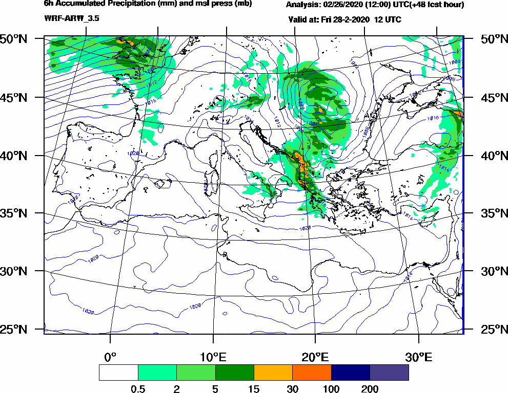 6h Accumulated Precipitation (mm) and msl press (mb) - 2020-02-28 06:00
