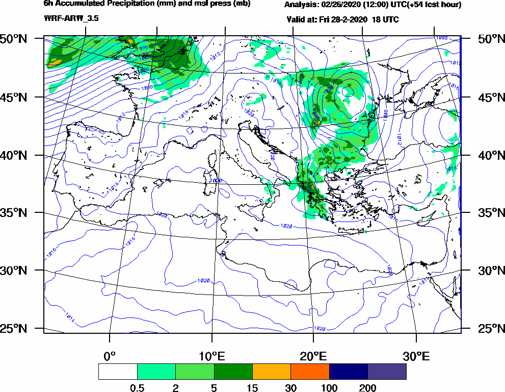6h Accumulated Precipitation (mm) and msl press (mb) - 2020-02-28 12:00