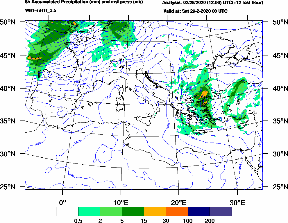 6h Accumulated Precipitation (mm) and msl press (mb) - 2020-02-28 18:00