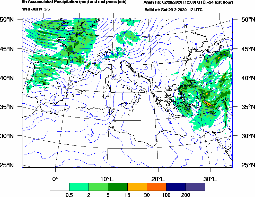 6h Accumulated Precipitation (mm) and msl press (mb) - 2020-02-29 06:00