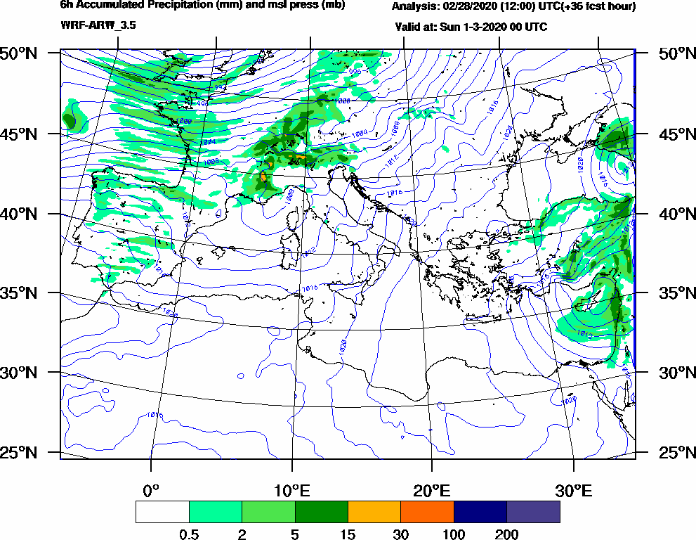 6h Accumulated Precipitation (mm) and msl press (mb) - 2020-02-29 18:00