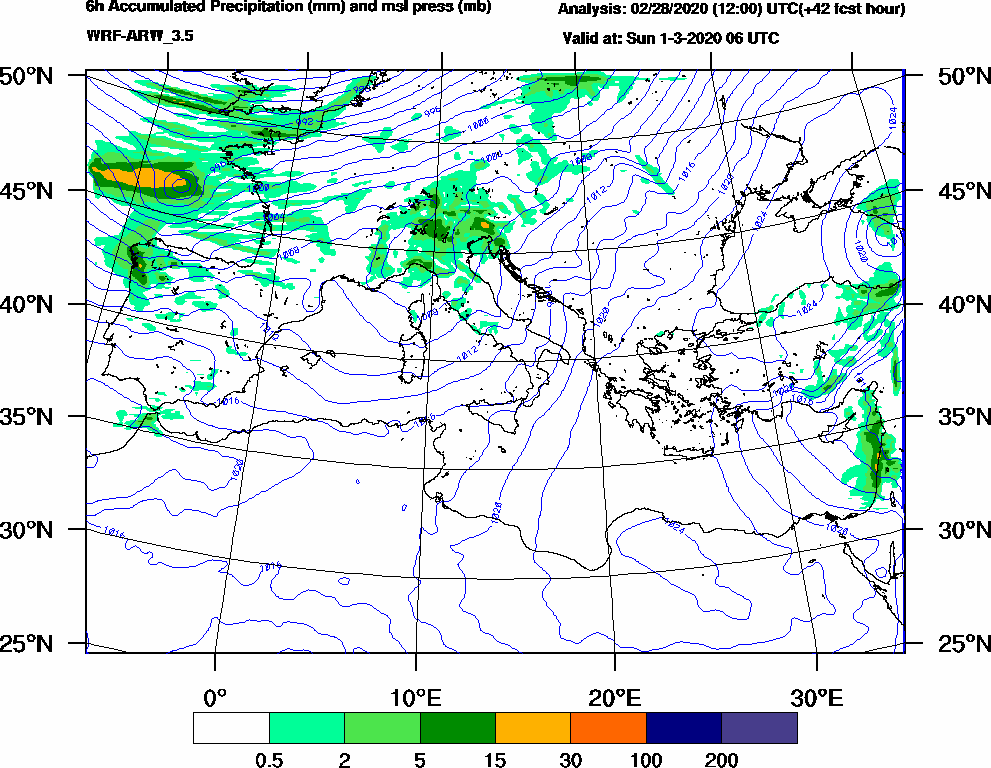 6h Accumulated Precipitation (mm) and msl press (mb) - 2020-03-01 00:00