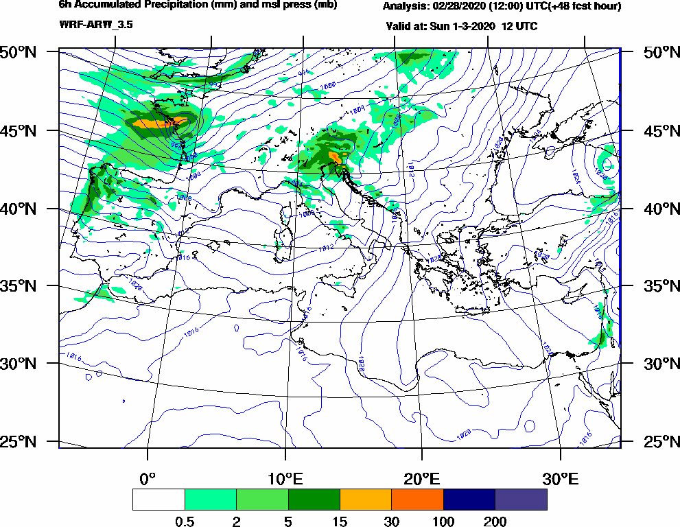 6h Accumulated Precipitation (mm) and msl press (mb) - 2020-03-01 06:00