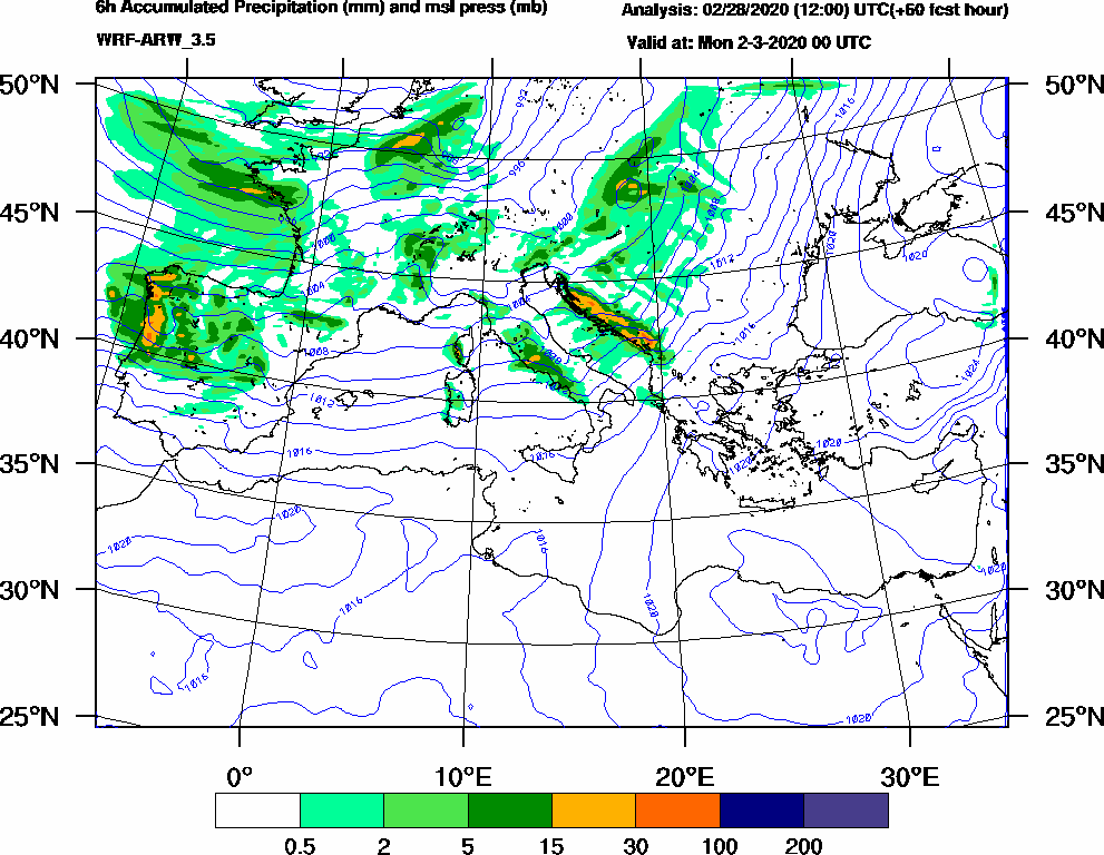 6h Accumulated Precipitation (mm) and msl press (mb) - 2020-03-01 18:00