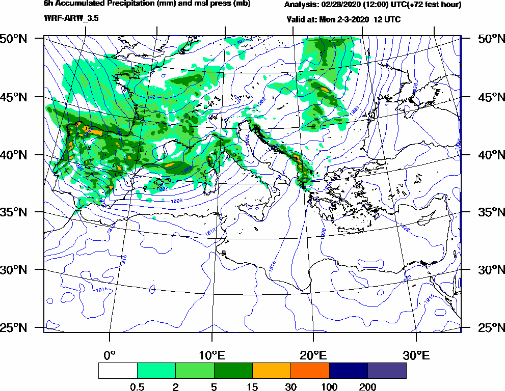 6h Accumulated Precipitation (mm) and msl press (mb) - 2020-03-02 06:00