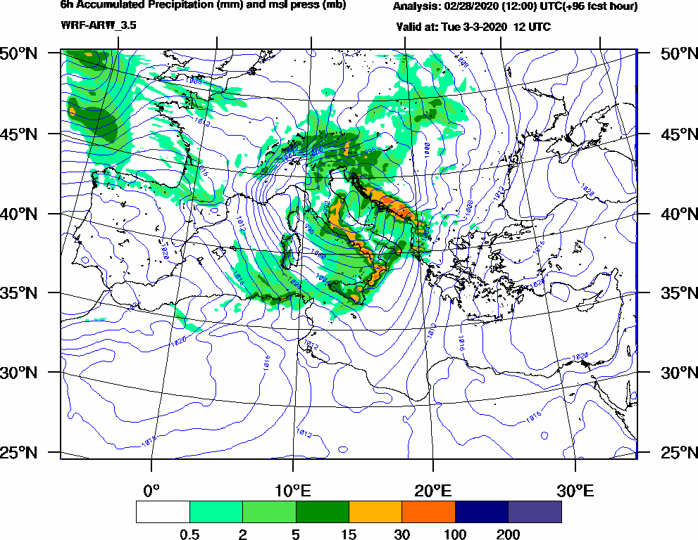 6h Accumulated Precipitation (mm) and msl press (mb) - 2020-03-03 06:00