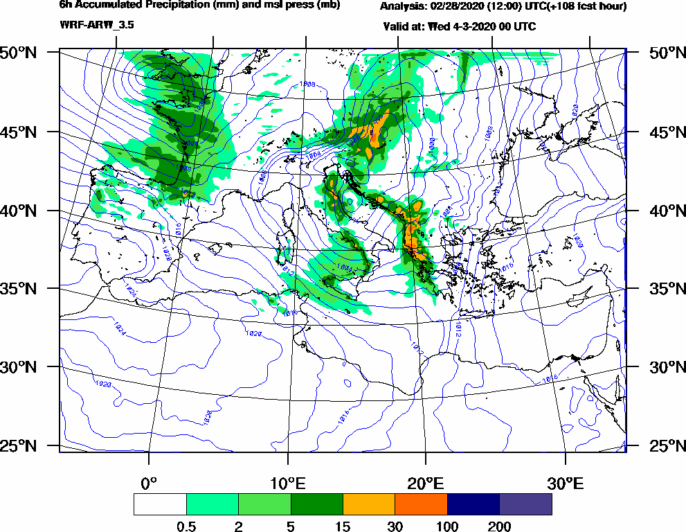 6h Accumulated Precipitation (mm) and msl press (mb) - 2020-03-03 18:00