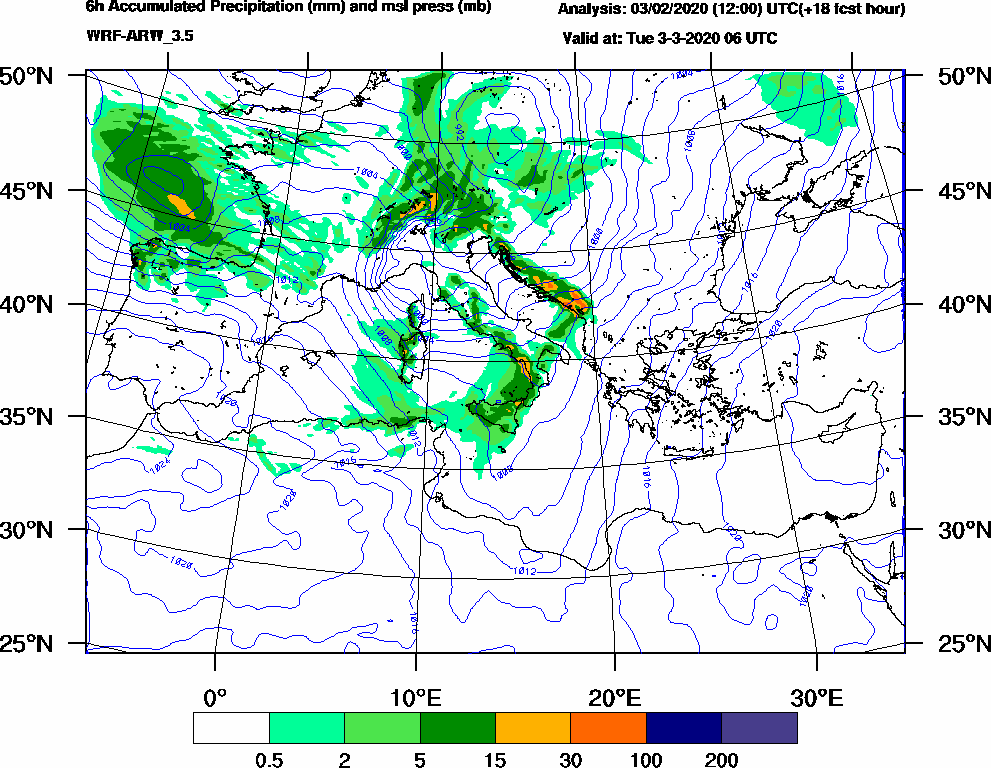 6h Accumulated Precipitation (mm) and msl press (mb) - 2020-03-03 00:00