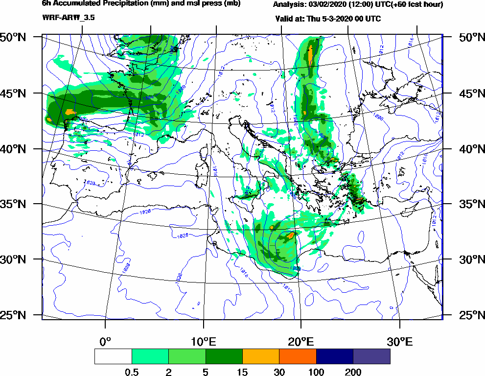6h Accumulated Precipitation (mm) and msl press (mb) - 2020-03-04 18:00