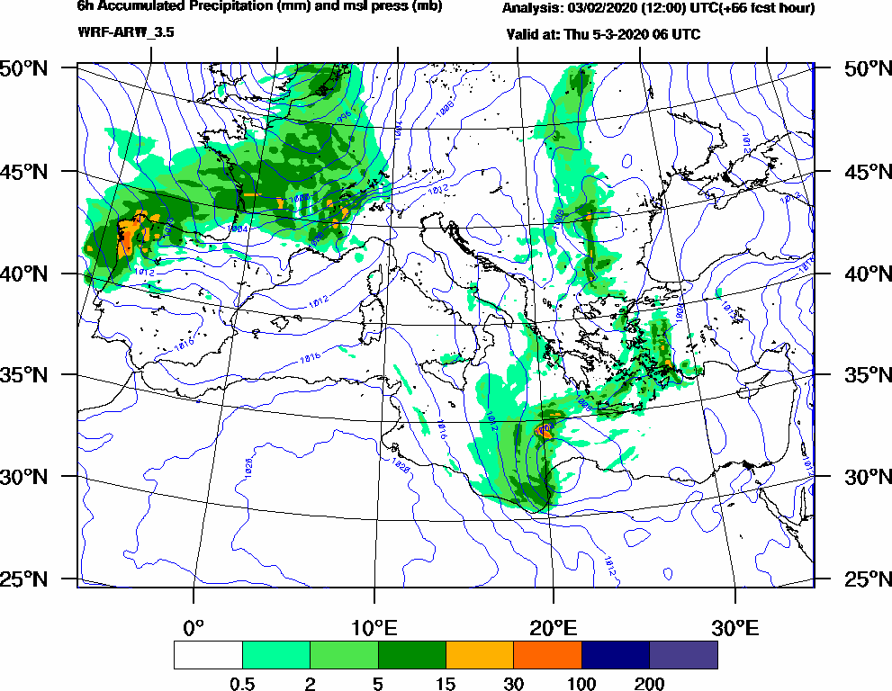 6h Accumulated Precipitation (mm) and msl press (mb) - 2020-03-05 00:00