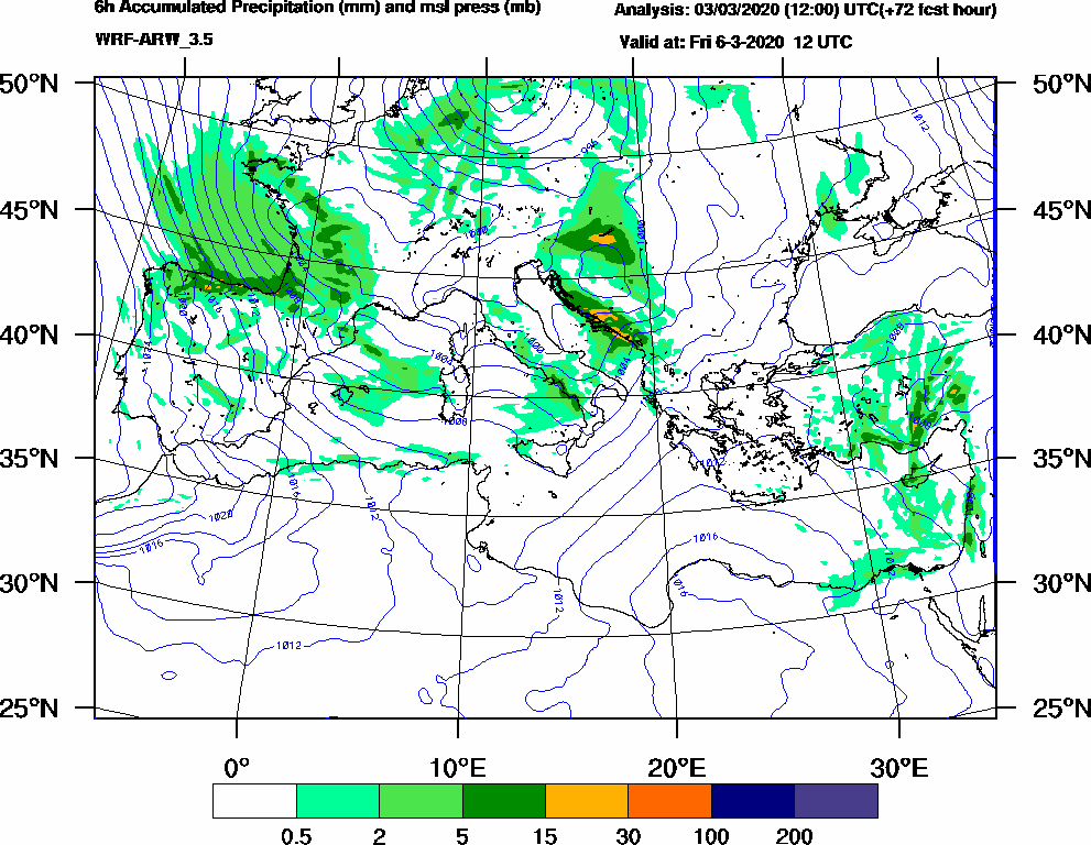 6h Accumulated Precipitation (mm) and msl press (mb) - 2020-03-06 06:00