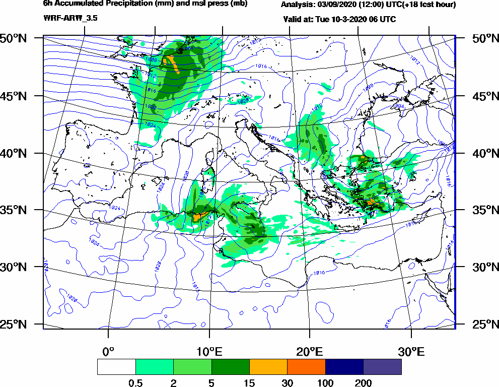 6h Accumulated Precipitation (mm) and msl press (mb) - 2020-03-10 00:00