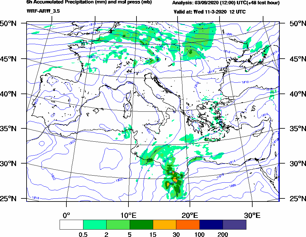 6h Accumulated Precipitation (mm) and msl press (mb) - 2020-03-11 06:00