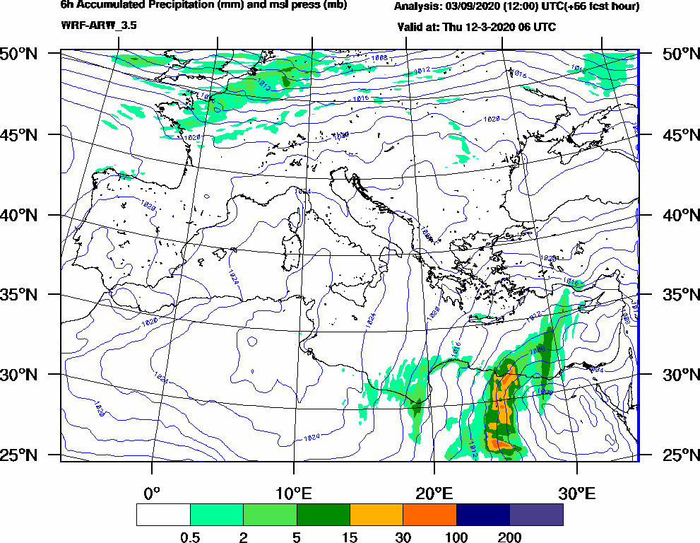 6h Accumulated Precipitation (mm) and msl press (mb) - 2020-03-12 00:00