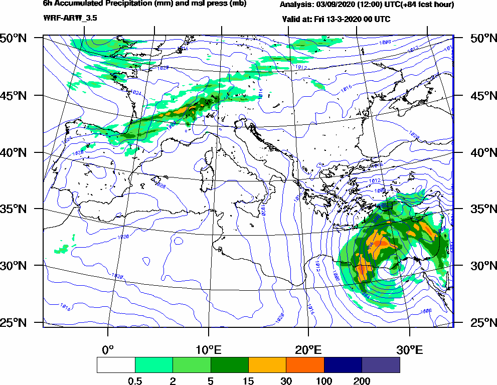 6h Accumulated Precipitation (mm) and msl press (mb) - 2020-03-12 18:00