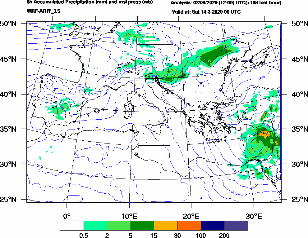 6h Accumulated Precipitation (mm) and msl press (mb) - 2020-03-13 18:00